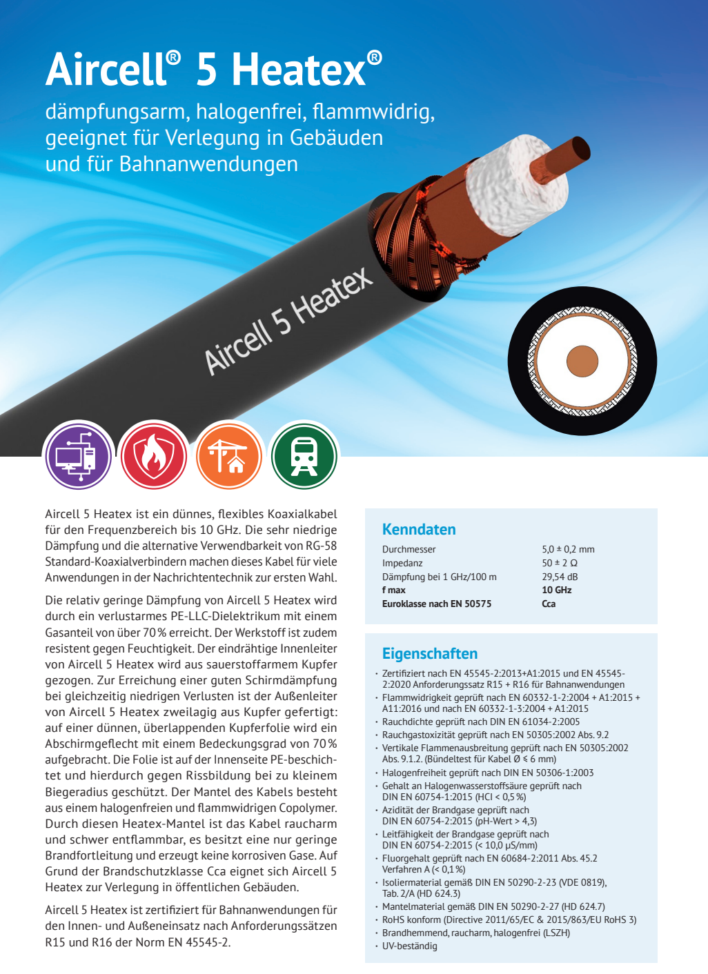 Datasheet van de SSB Aircell-5 Heatex coaxkabel