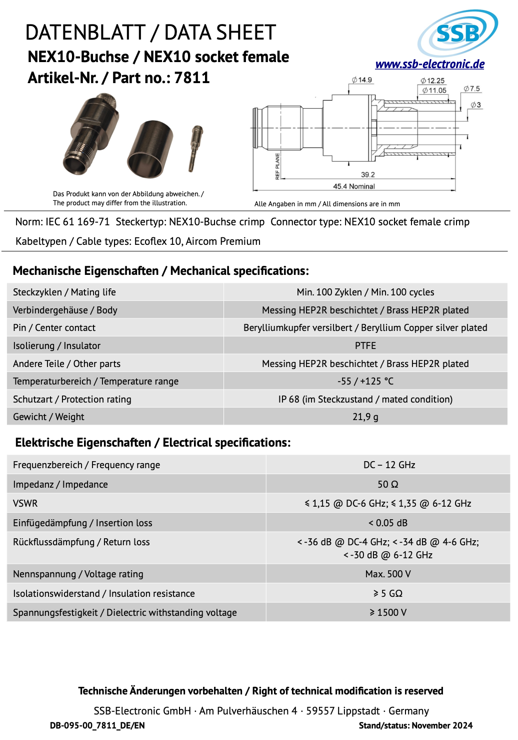 Datasheet van de SSB 7811 NEX10-Female connector voor Ecoflex-10 en Aircom Premium coaxkabel
