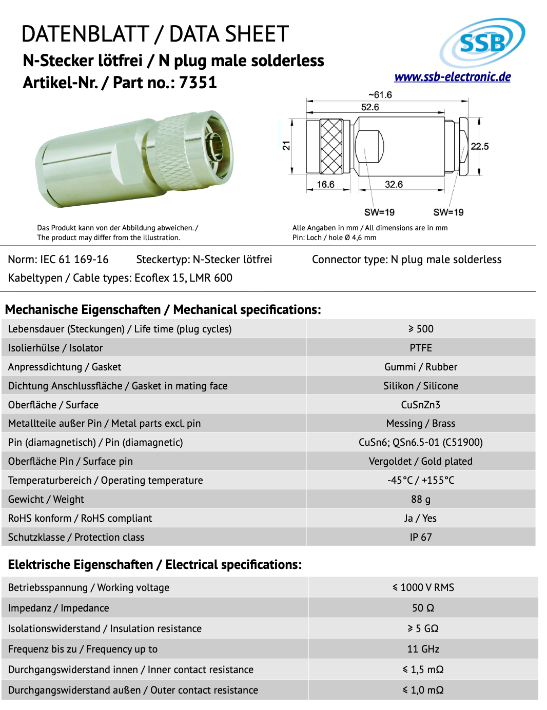 Datasheet van de SSB-7351 connector N-Female naar N-Male