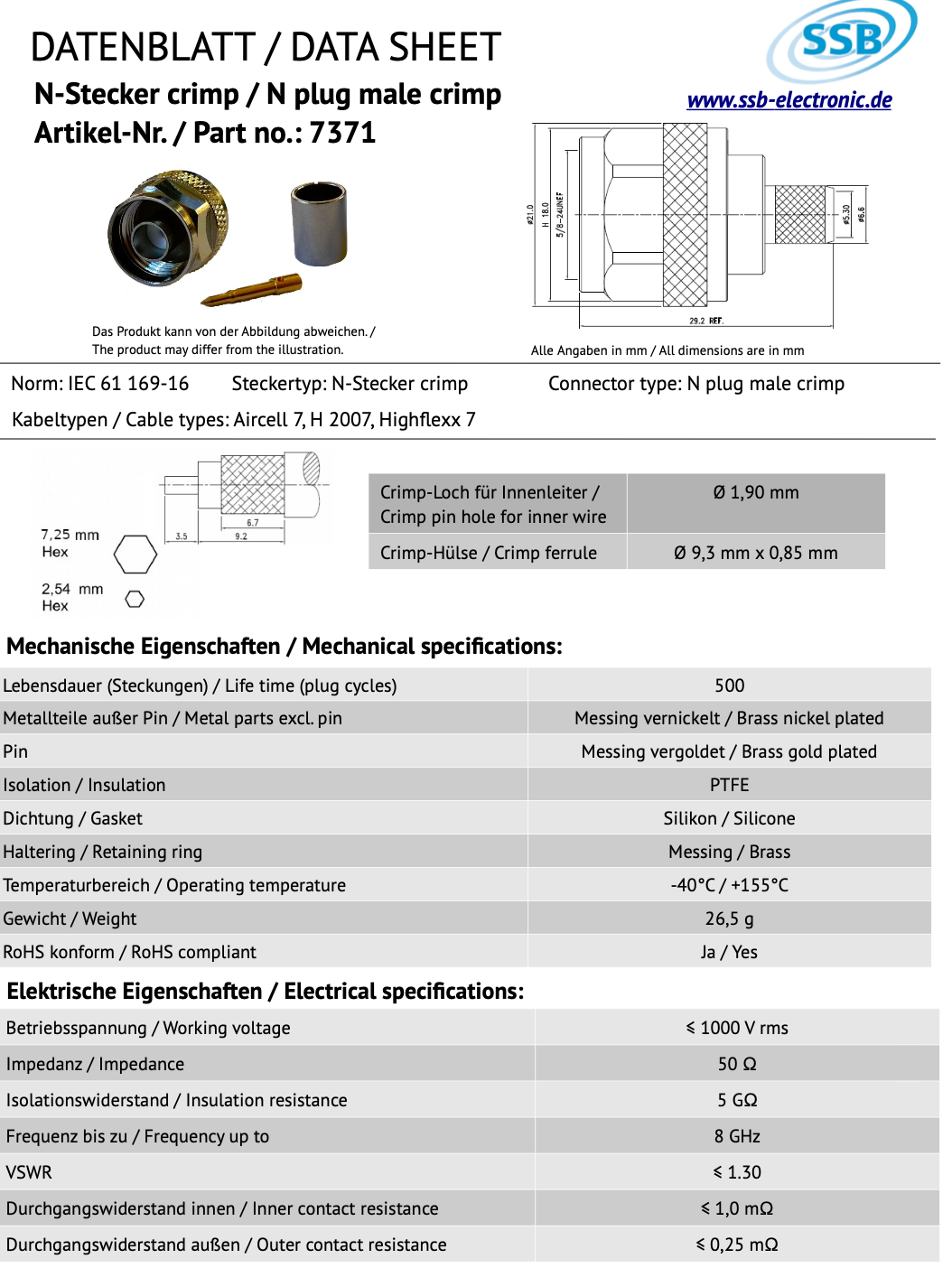 SSB 7371 N-connector voor Aircell-7, H2007 en highflex-7 coaxkabels