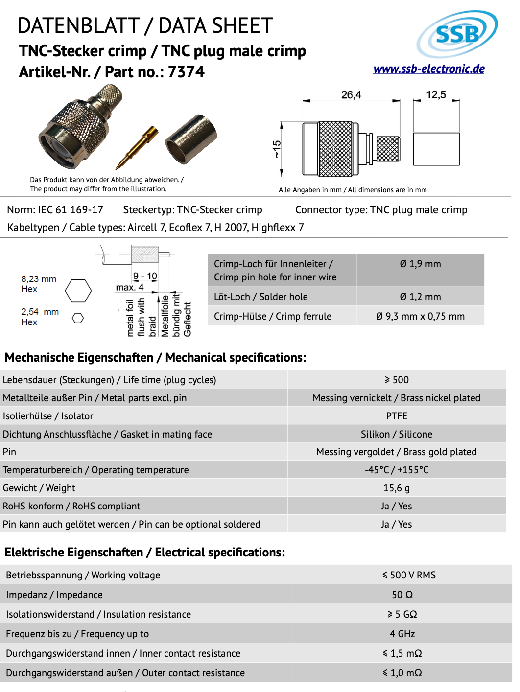 Datasheet SSB 7374 TNC-connector crimp bevestiging voor Aircell-7, Ecoflex-7, H2007 en Highflexx-7 coaxkabels