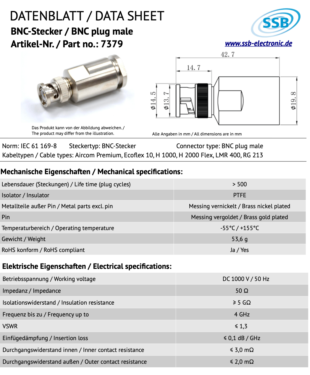 Datasheet van de SSB 7379 BNC-connector voor Aircom Premium, Ecoflex-10, H1000, H2000 flex, LMR400 en RG-213 coaxkabels
