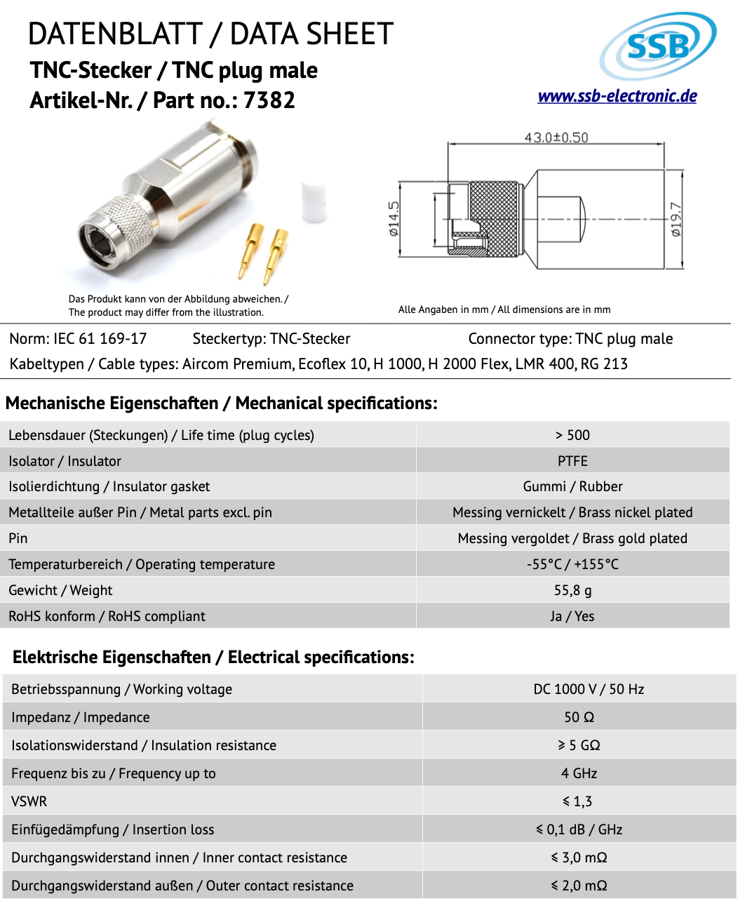 Datasheet SSB7382 TNC-Male connector voor Aircom Premium, Ecoflex-10, H1000, H2000 flex, LMR400 en RG213 coaxkabels