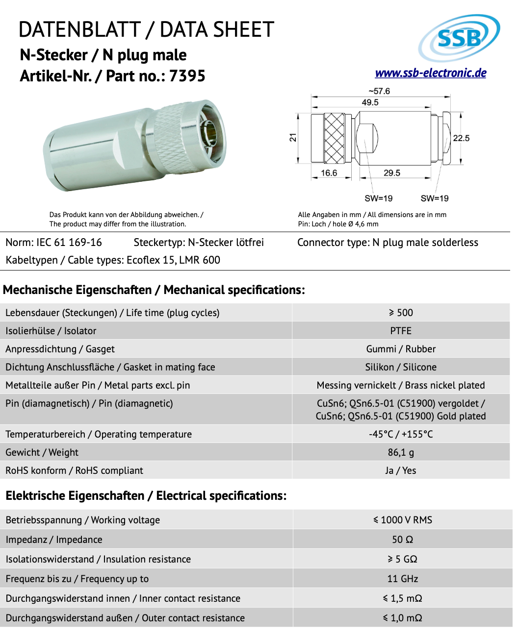 SSB 7395 N-connector voor Ecoflex-15 en LMR600 coaxkabels