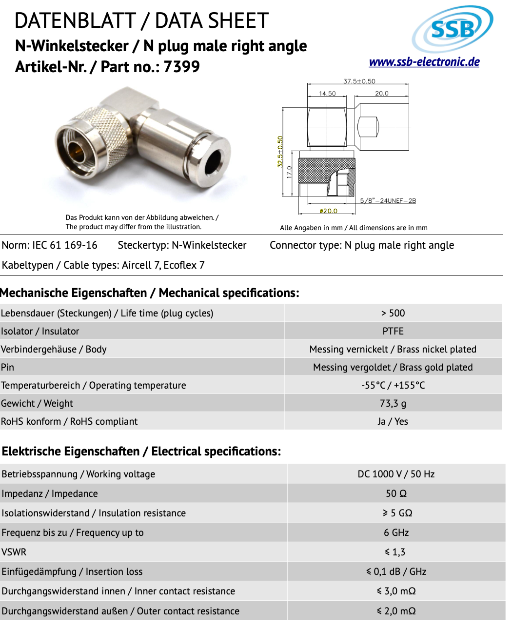 SSB 7399 haakse N-connector voor Ecoflex-7 en Aircell-7 coaxkabels