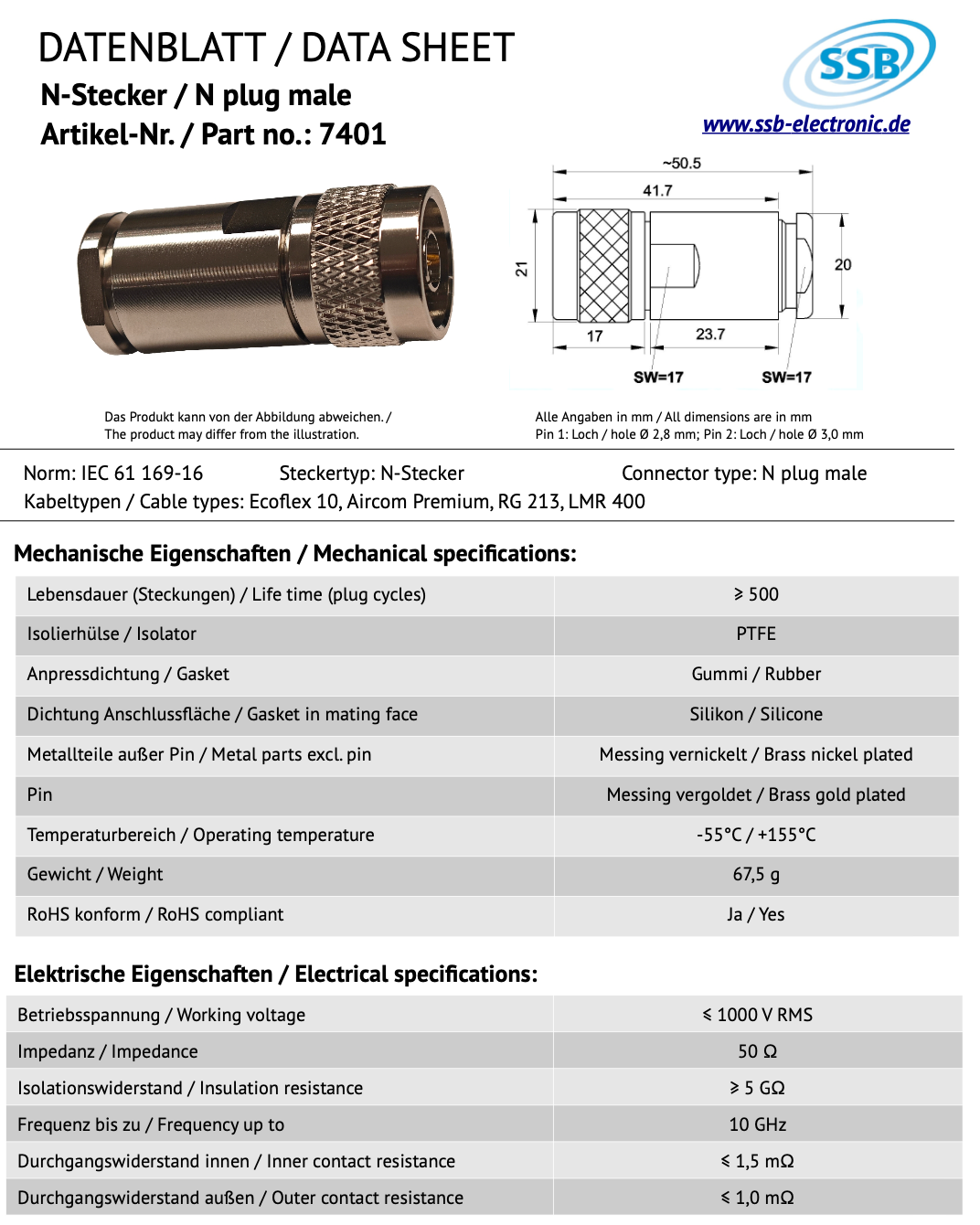 SSB 7401 N-connector voor Ecoflex-10, Aircom Premium, LMR400 en RG213 coaxkabels