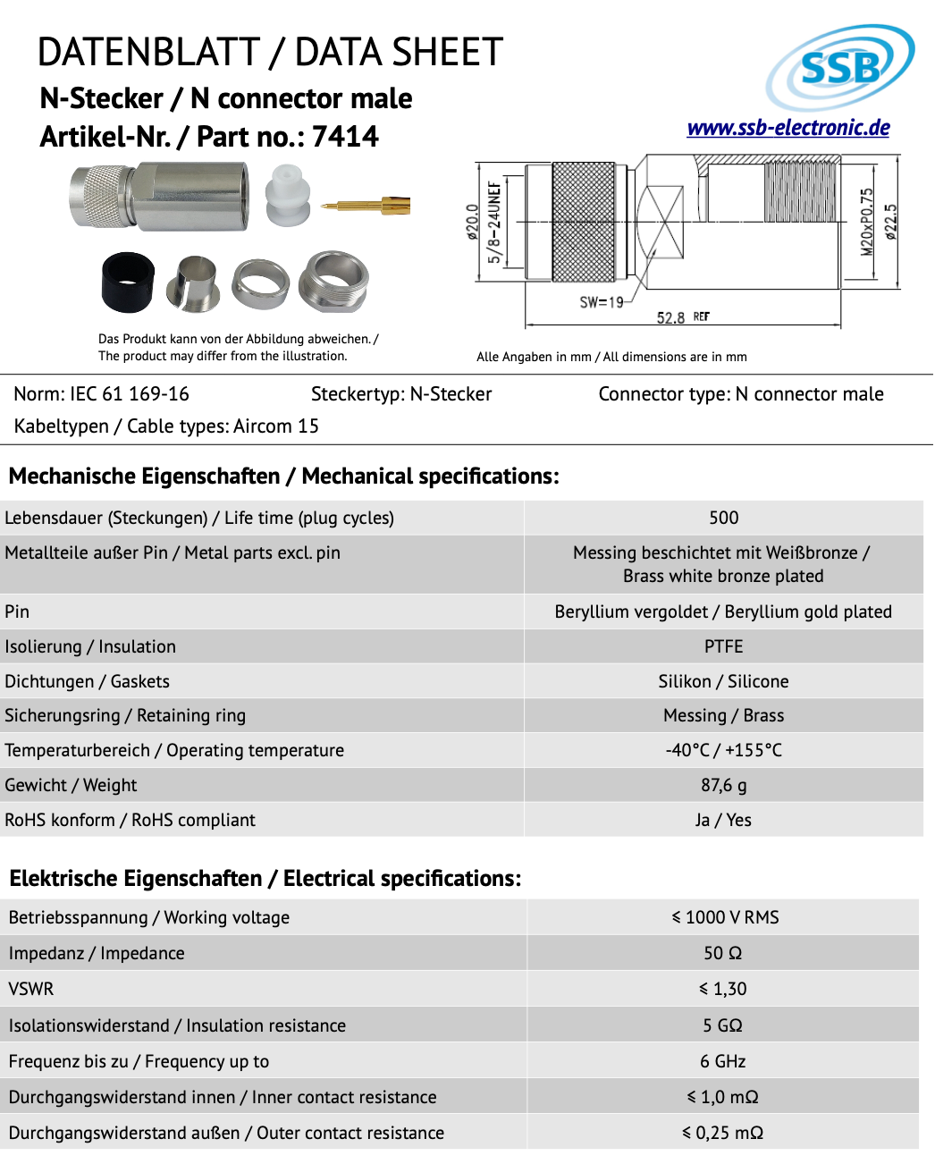 SSB 7414 N-connector voor Aircom-15 coaxkabels