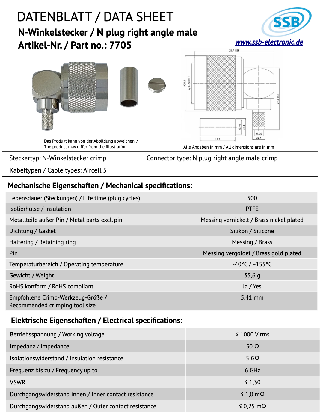 SSB 7705 haakse N-connector voor Aircell-5 coaxkabels