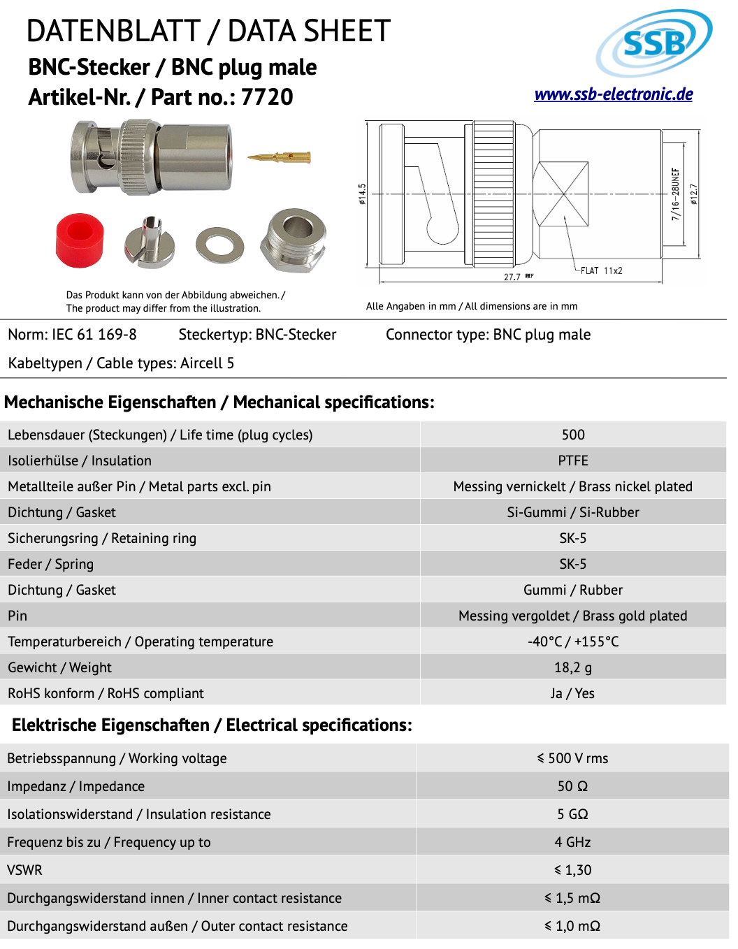 Datasheet SSB 7720 BNC-connector voor Aircell-5 coaxkabels