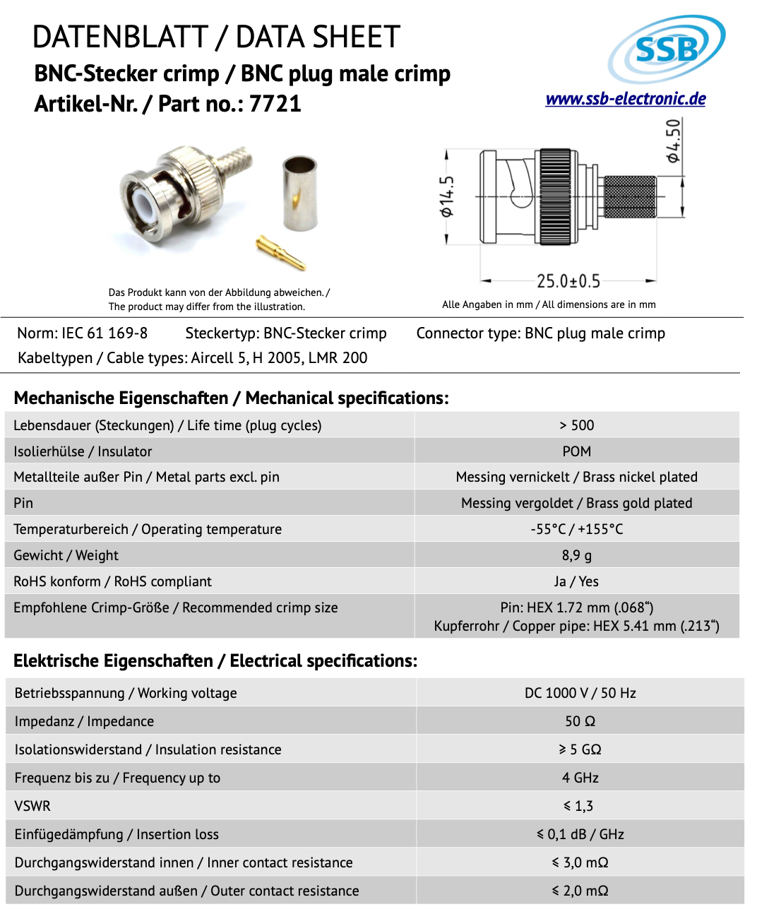 Datasheet SSB 7721 BNC-connector voor Aircell-5, H2005, LMR200 coaxkabels