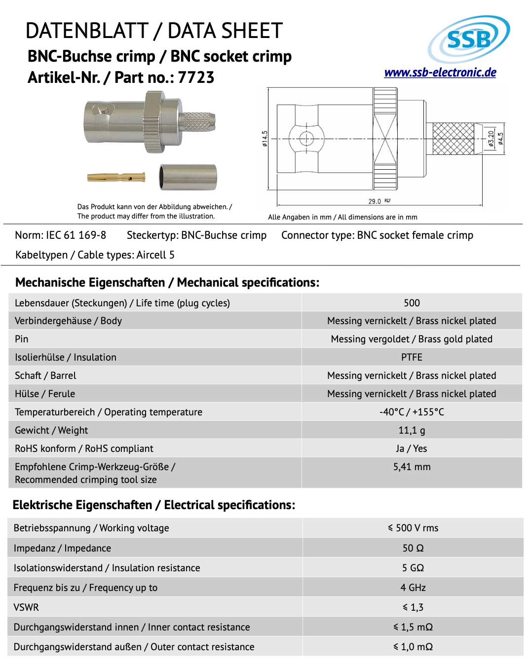 Datasheet SSB 7723 BNC-connector voor Aircell-5 coaxkabel