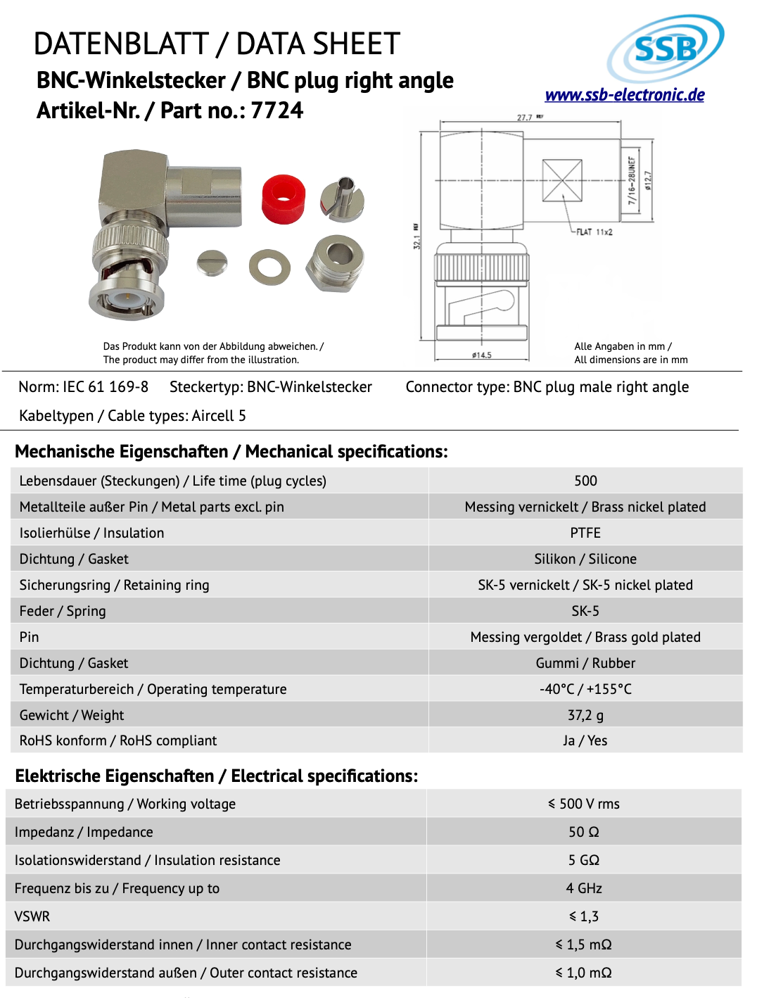Datasheet SSB 7724 haakse BNC-connector voor Aircell-5 en RG58 coaxkabel
