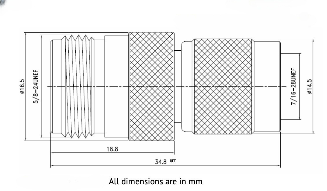 Afmetingen van de SSB 870 TNC-Male naar N-Female adapter