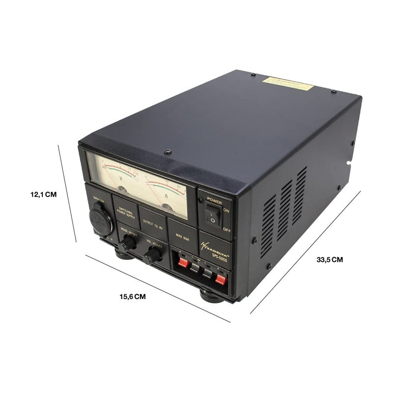Afmetingen van de Sadelta SPS-5055 elektronische voeding met analoge meters