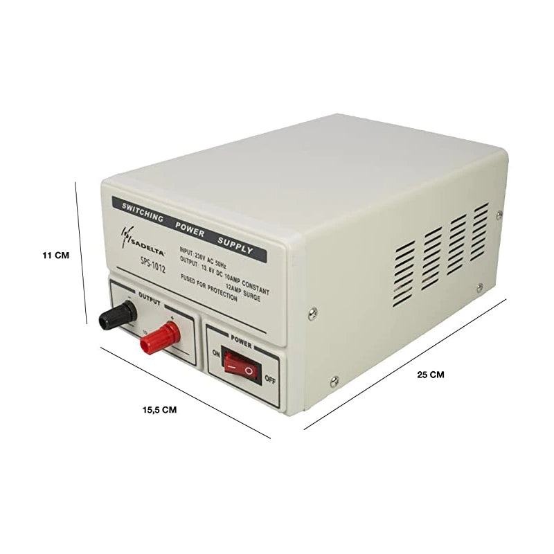 Afmetingen van een Sadelta SPS-1012 electronische voeding