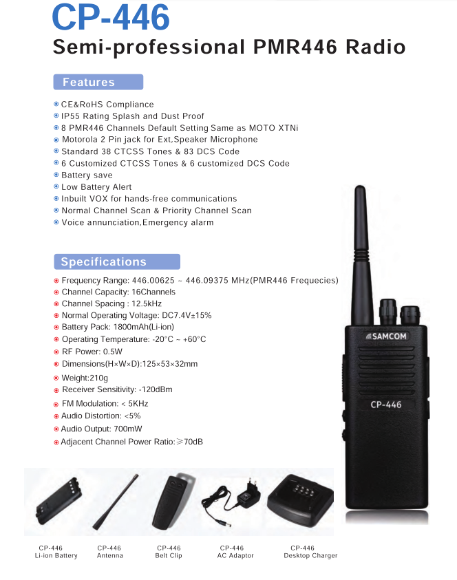 Datasheet van de Samcom CP-446 PMR446 portofoon