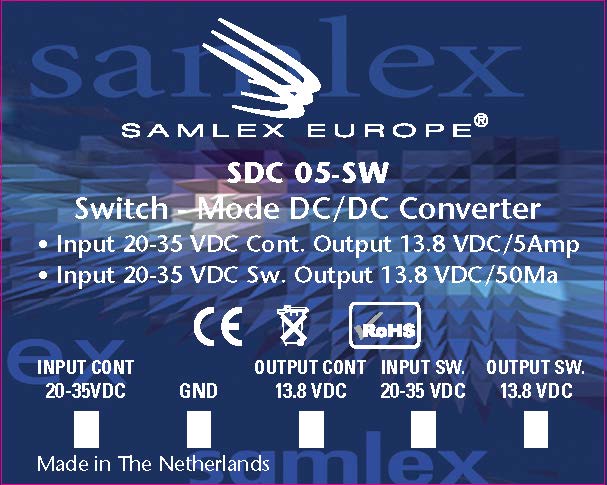 Specificaties van de Samlex SDC-05SW DC-DC omvormer die 24V omzet naar 12V voedingsspanning