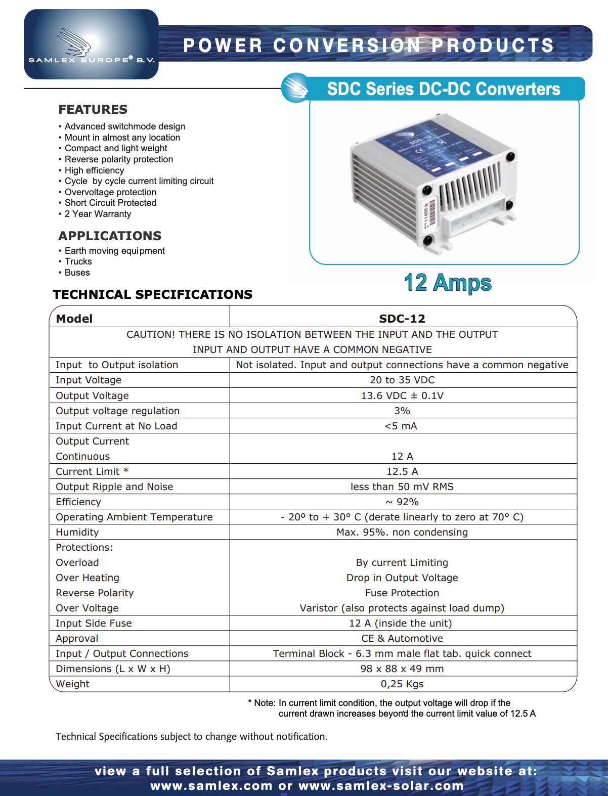 Datasheet van de Samlex SDC-12 omvormer van 24 volt naar 12 volt