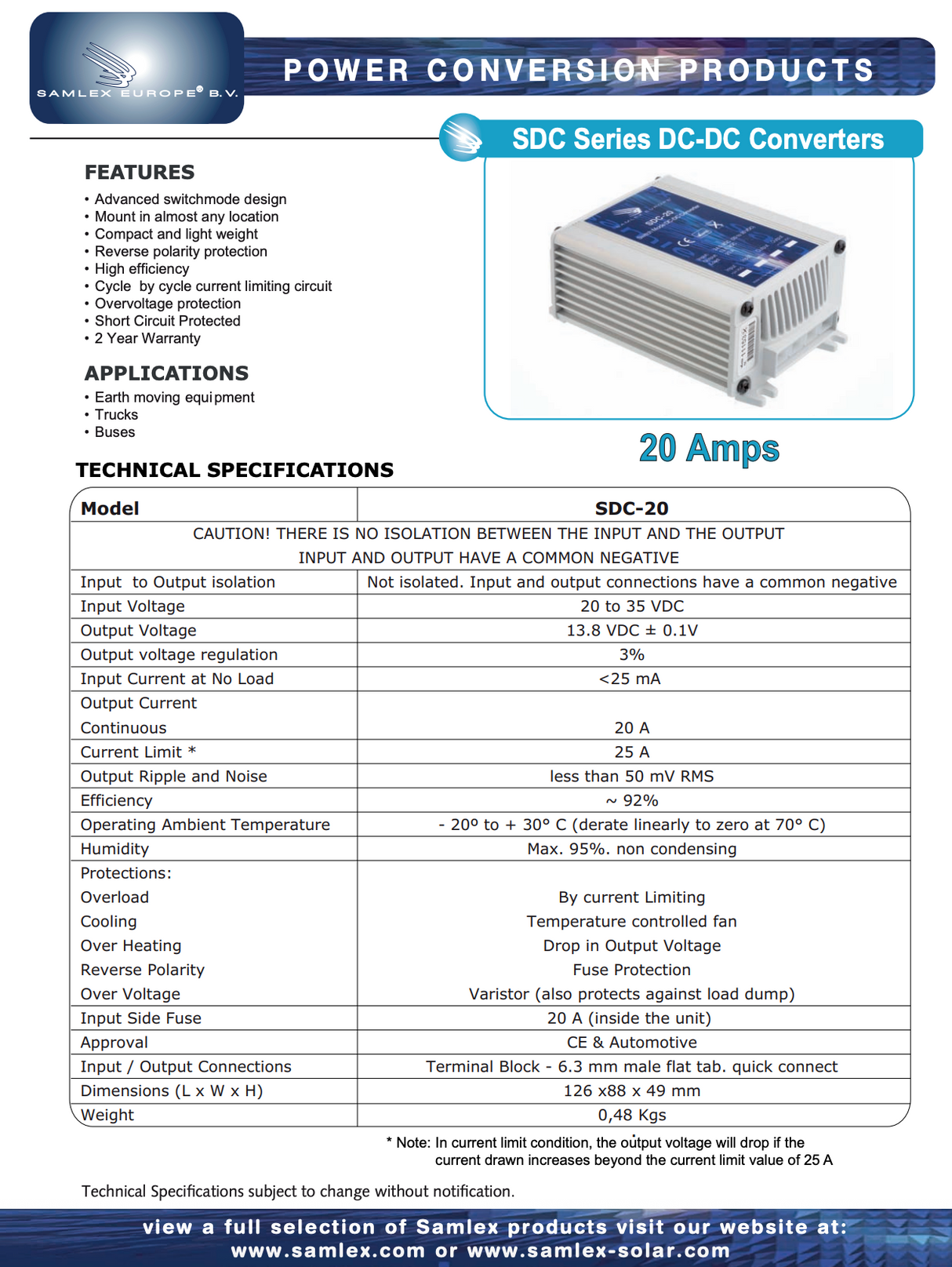 Datasheet Samlex SDC-20 omvormer van 24V naar 12V met 20 Ampère vermogen