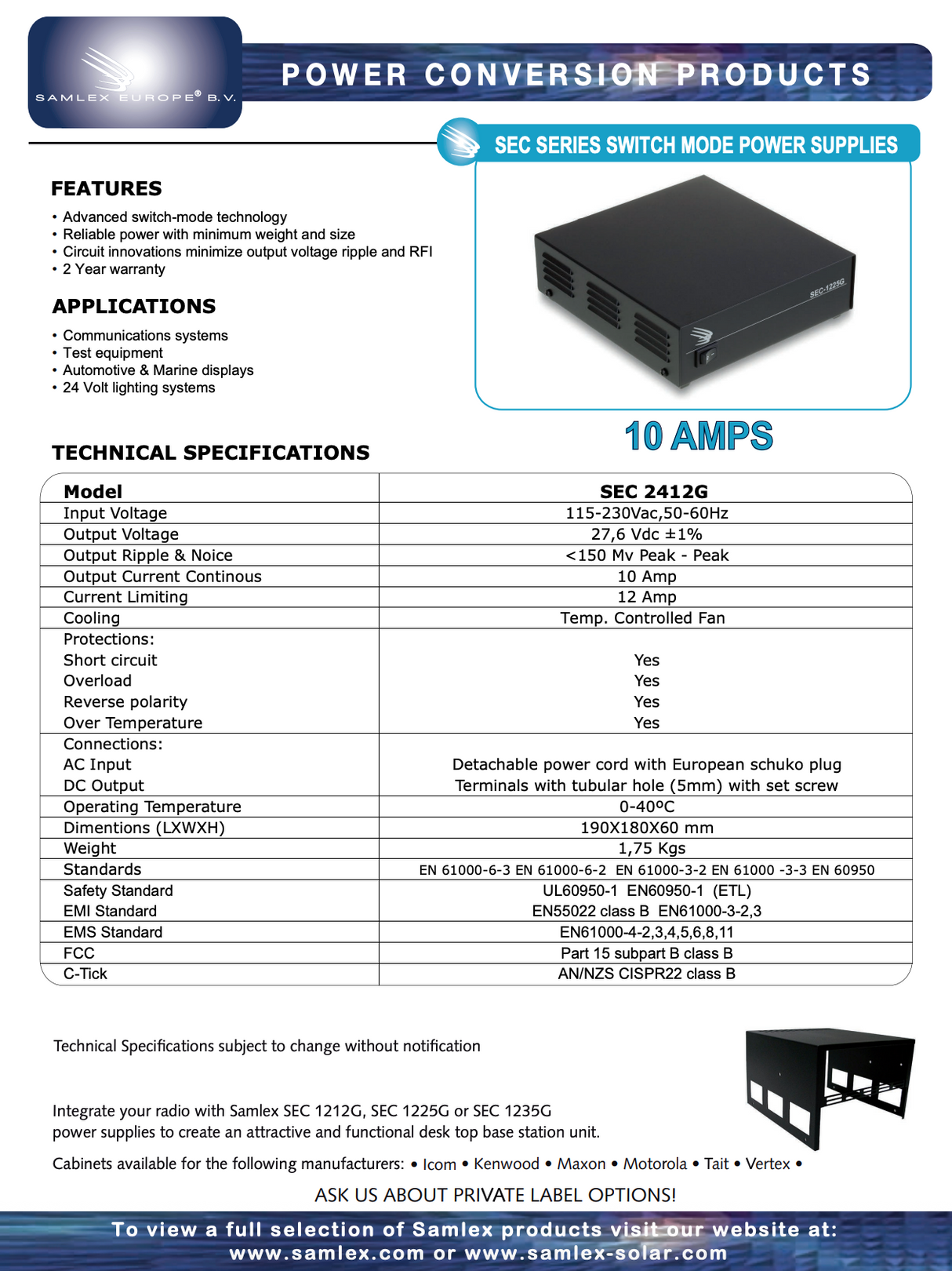 Datasheet van de Samlex SEC-2412G schakelende voeding ook wel power supply genoemd