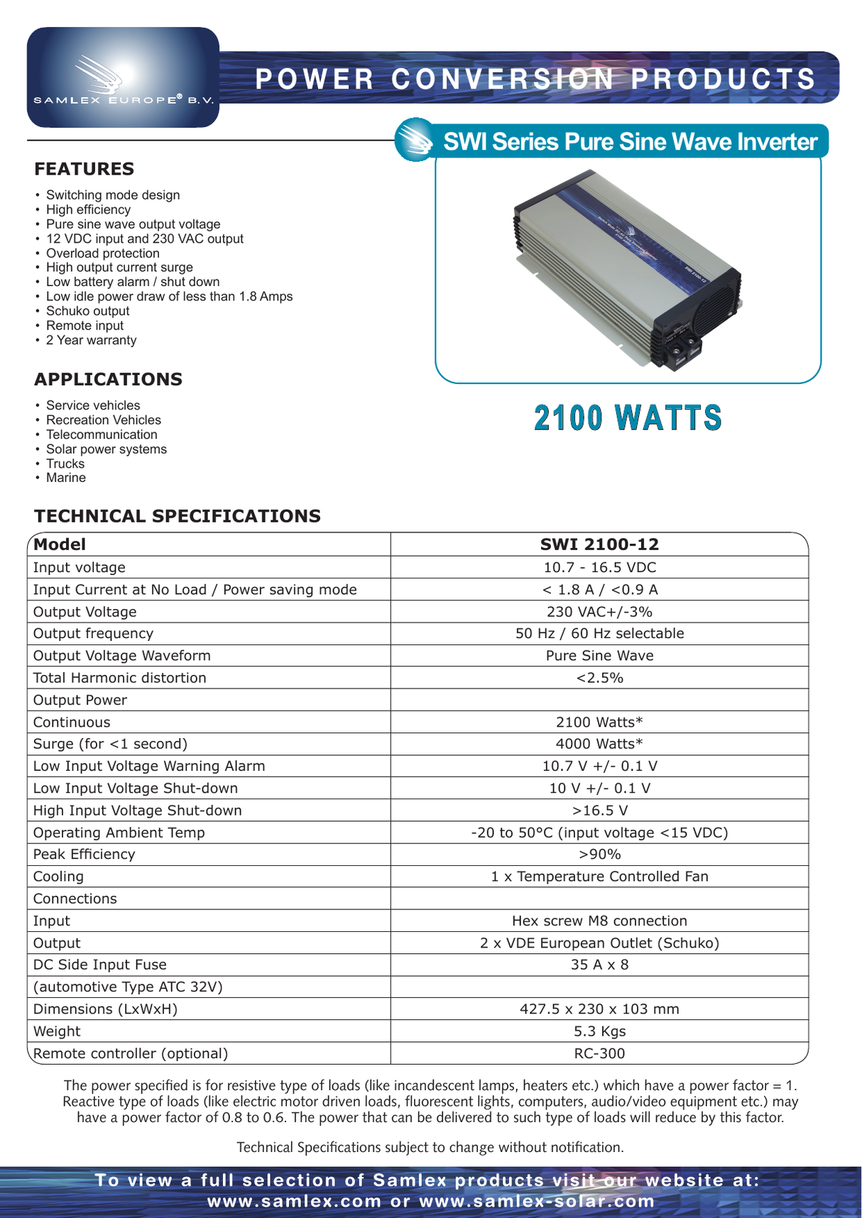 Datasheet Samlex SWI 1600-24 omvormer van 24V naar 230V 1600W zuivere sinus