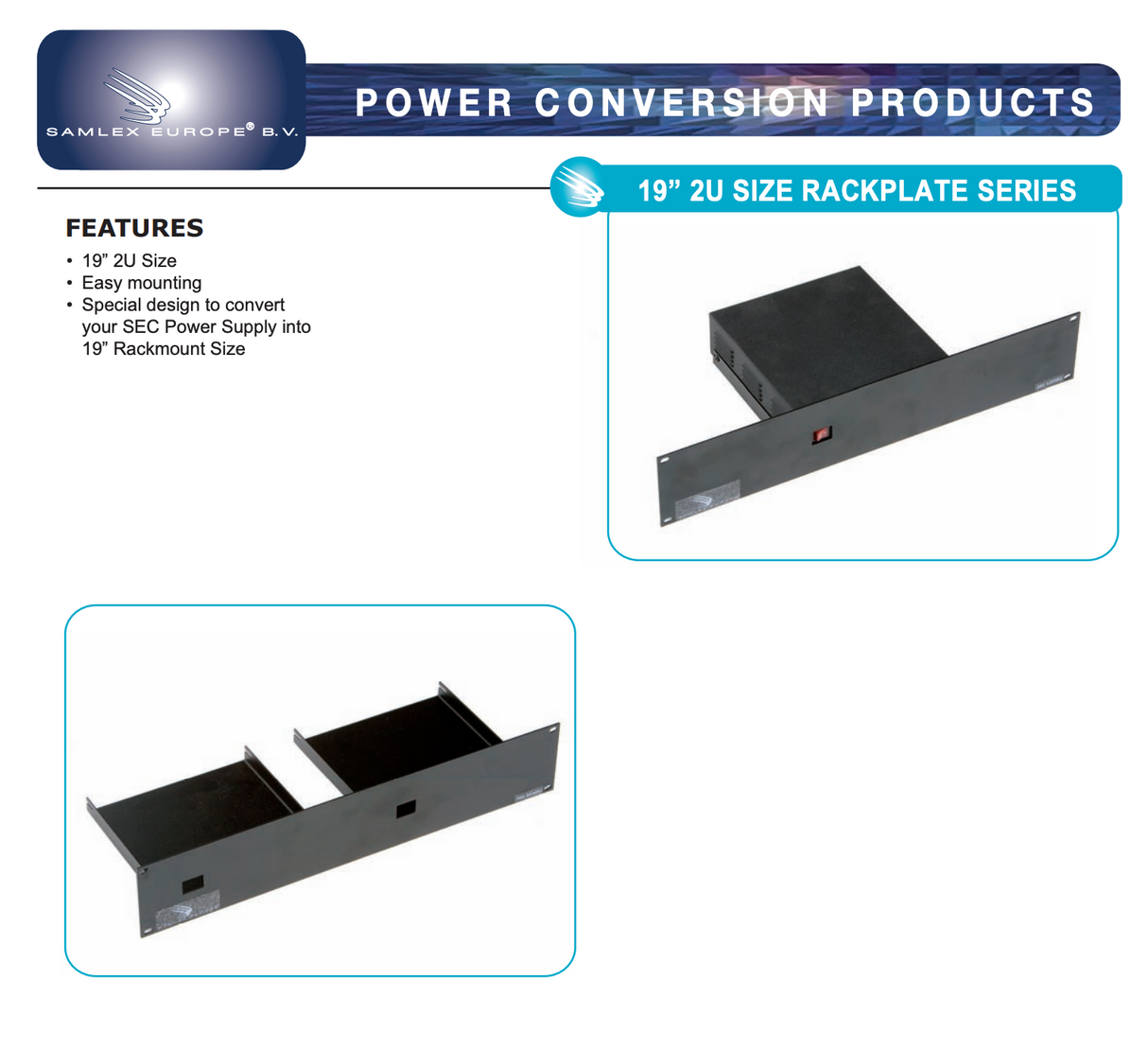 Datasheet van de Samlex rackplate kit 58175 19" 2U voor twee compatible Samlex voedingen