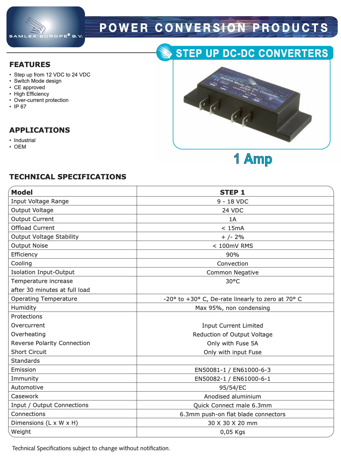 Datasheet van de Samlex Step 1 converter die 12 volt spanning omzet naar 24 volt spanning