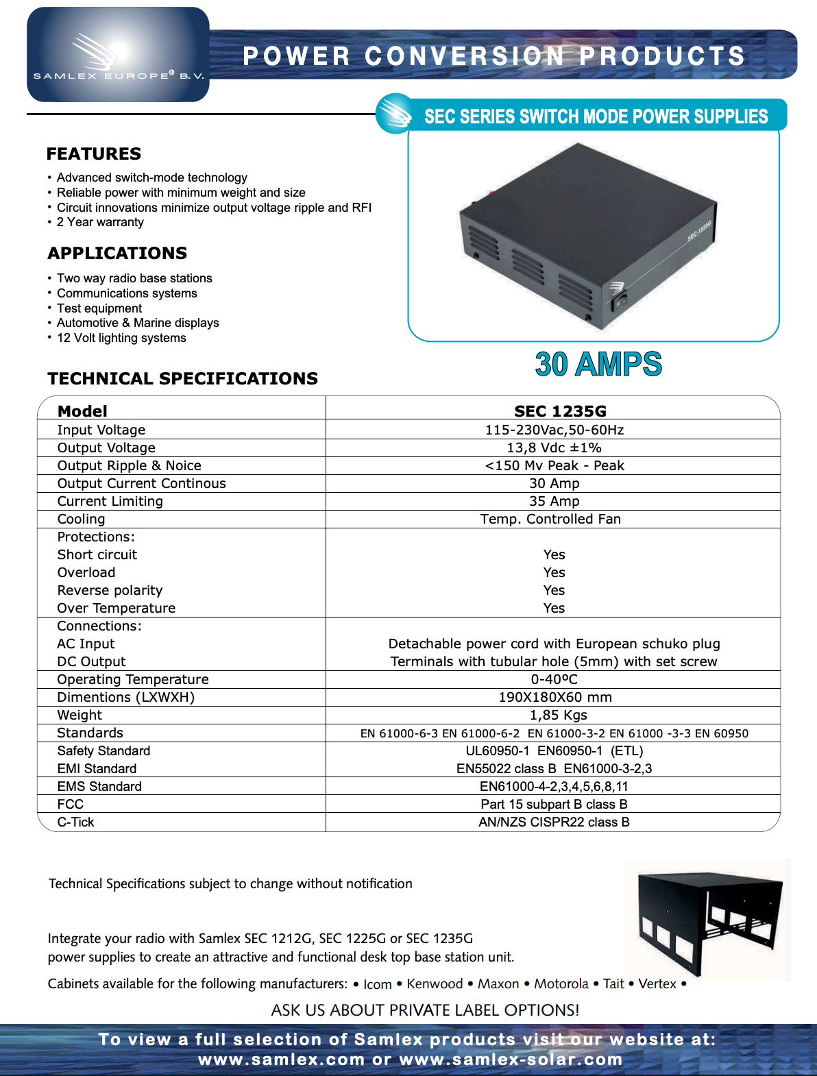 Datasheet van de Samlex SEC-1235G elektronische voeding voor 115V tot 230V met een uitgangsspanning van 13.8V en maximaal 35 Ampere
