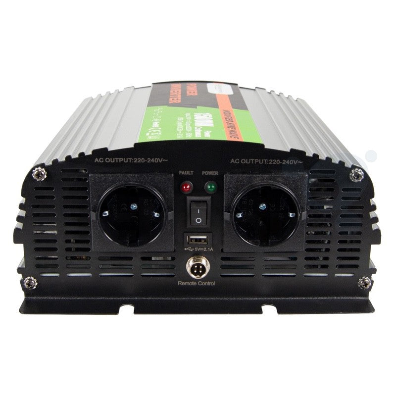 24/230V 1500 watt omvormer met twee 230V stopcontacten, aan/uit schakelaar en led indicatielampjes