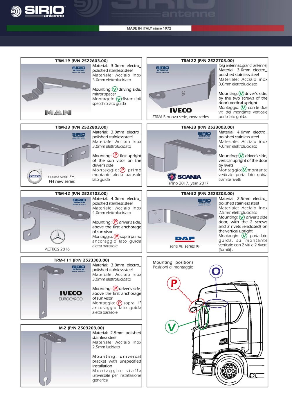 Flyer 2 met een overzicht van Sirio TRM-antenne beugels voor trucks, vrachtwagens en andere grote voertuigen