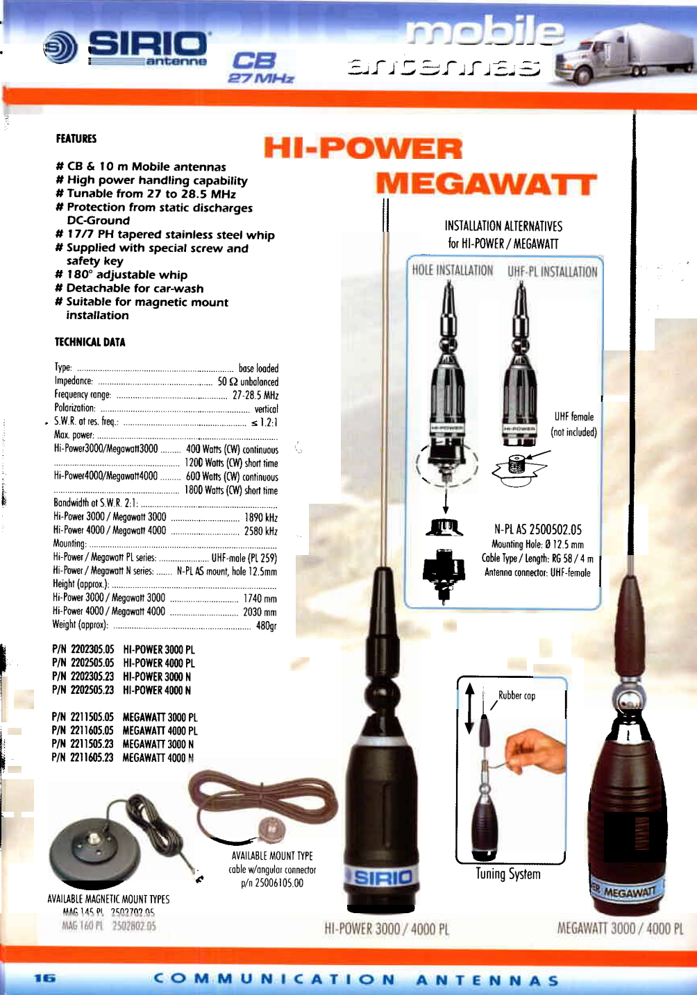 Brochure met informatie en specificaties van de Sirio Hi-Power en de Sirio MegaWatt mobiele 27MHz antennes