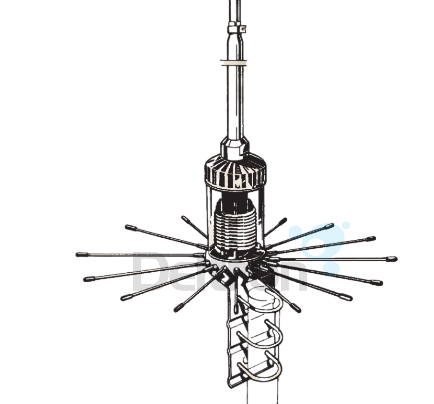Close-up van de Sirio S-2016 27MC basisantenne met de spoel en 16 zijradialen