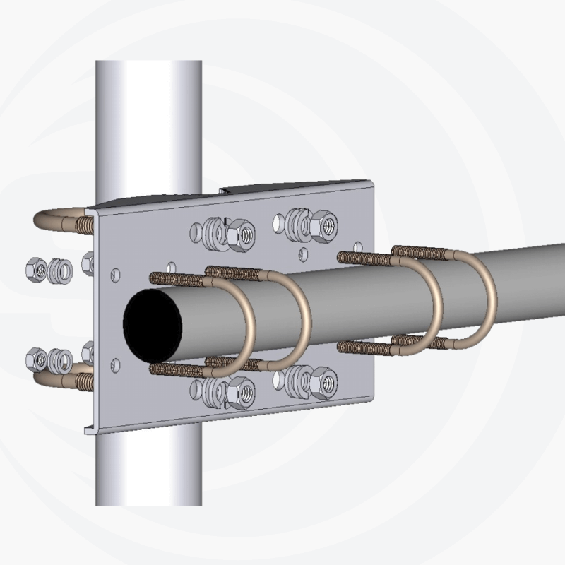 Detail foto van montagebeugels waarmee de Sirio SY 50-5 wordt gemonteerd aan een antennemast