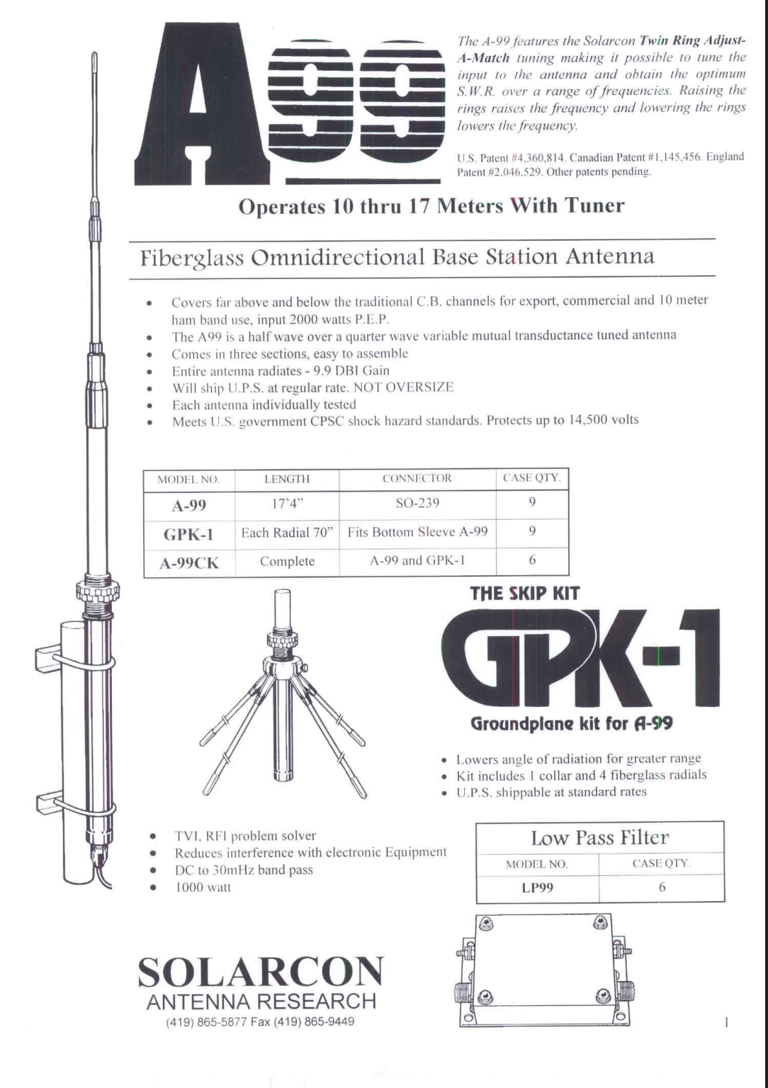 Solarcon Antron A99 datasheet van de 27MC basis antenne gemaakt van glasvezel