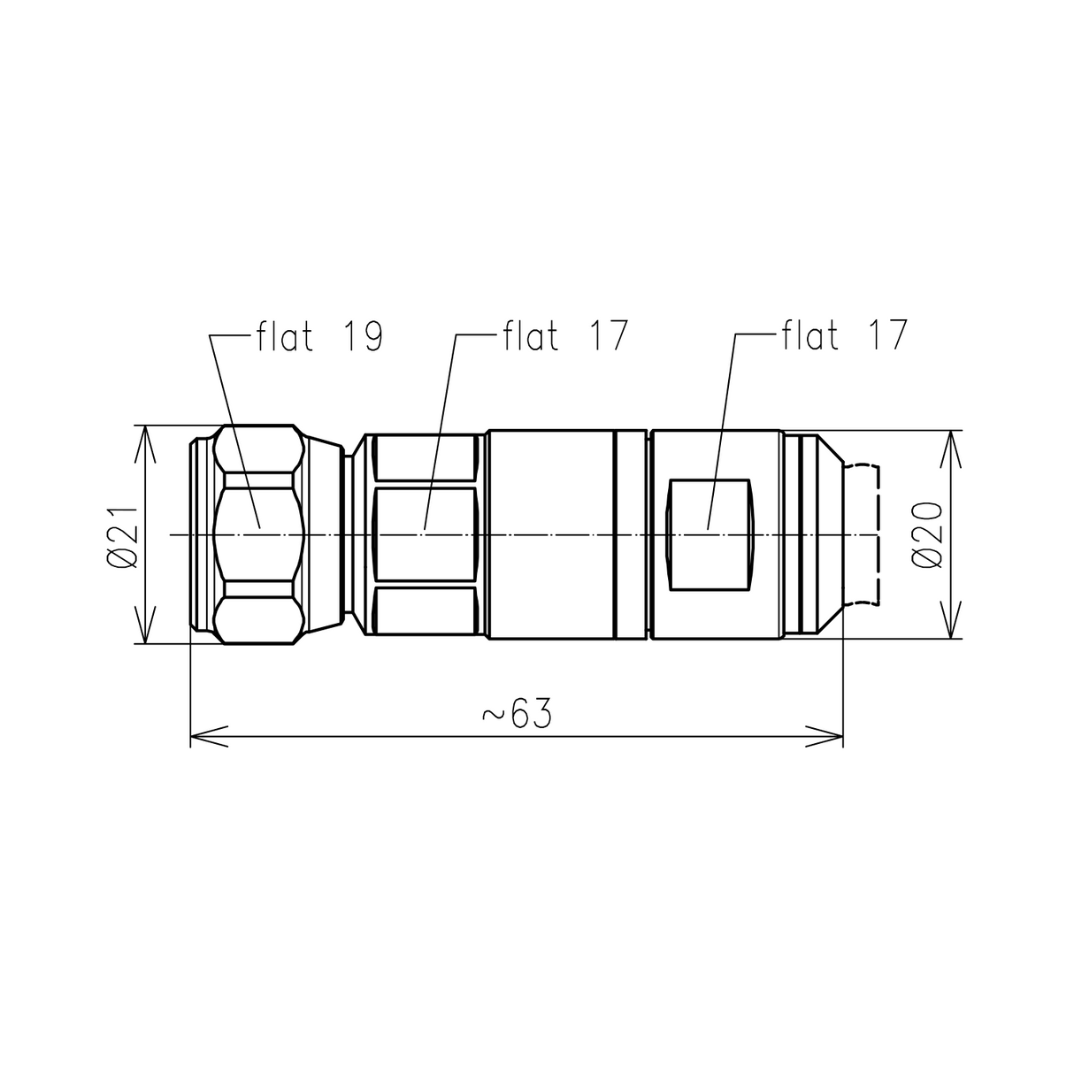 Spinner N-Male multifit Cellflex SCF 1/2"-50 connector tekening met afmetingen