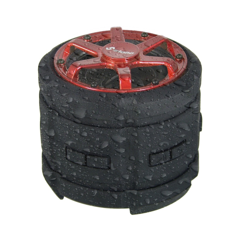 Stoere Bluetooth luidspreker in de vorm van een rode sportvelg met autoband die IPX7 waterproof is