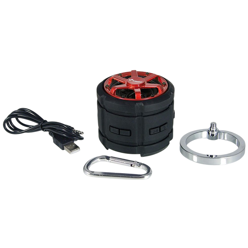 Stabo Bluetoot speaker wordt geleverd met lader standard en karabijnhaak