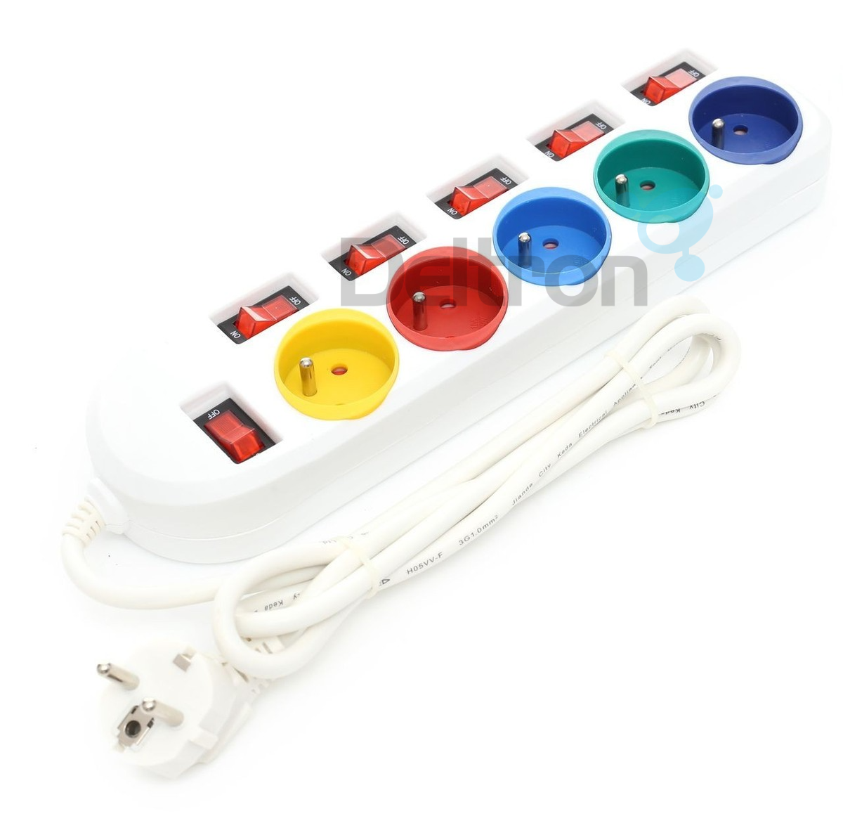Stekkerdoos met 5 stopcontacten in vrolijke kleure. Elk stopcontact heeft zijn eigen aan/uit schakelaar en de stekkerdoos heeft een hoofdschakelaar