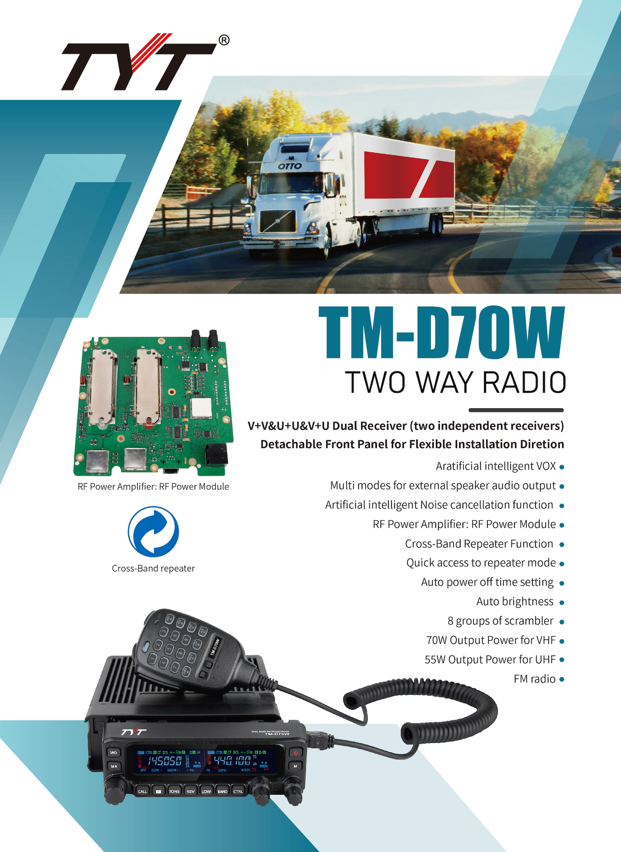 TYT D70W flyer mobiele dual band transceiver 70W