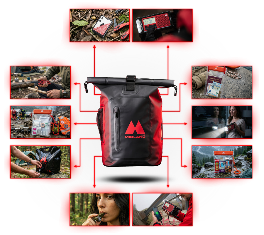 Toepassing van de Midland ER emergency backpack, een goed gevulde noodrugzak waarmee je 72u kunt overleven