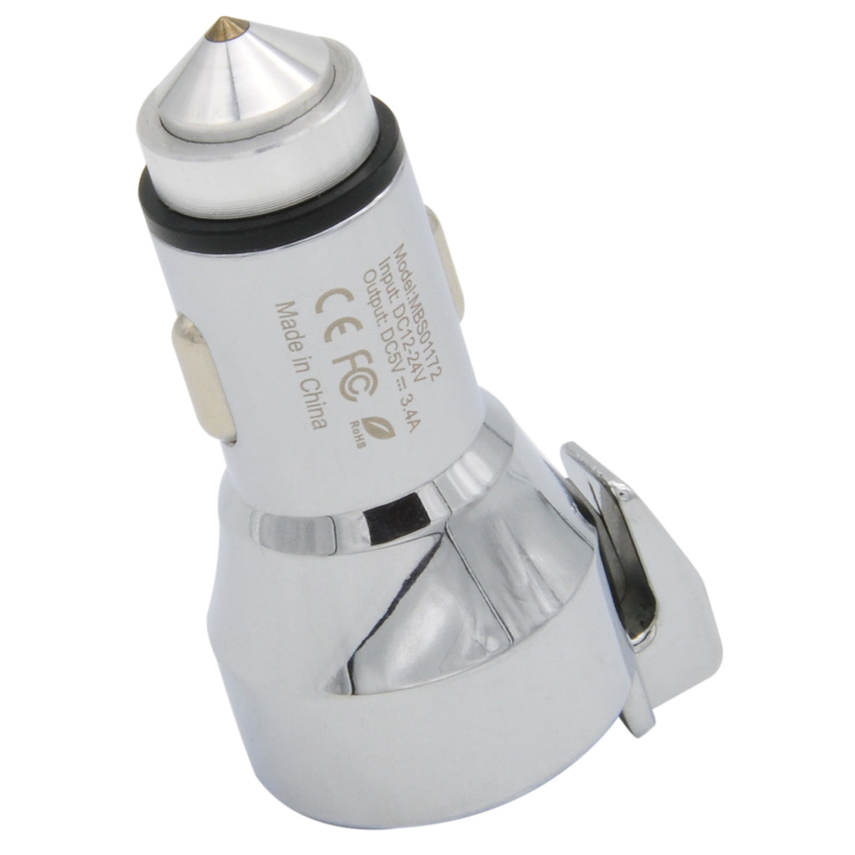 USB car charger with seat belt cutter and window hammer