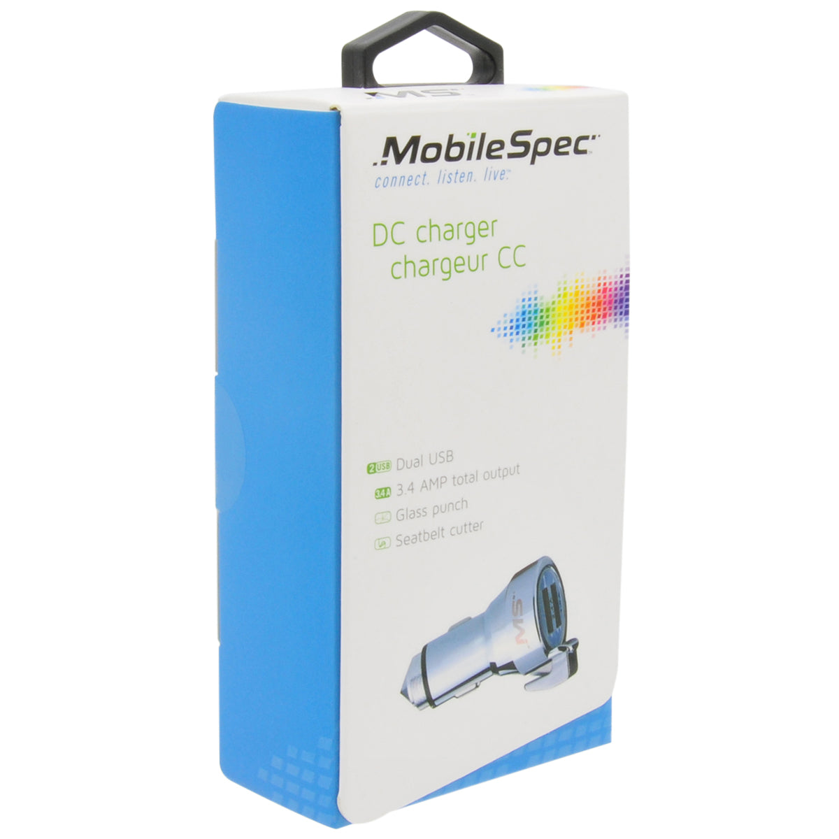 USB car charger with seat belt cutter and window hammer