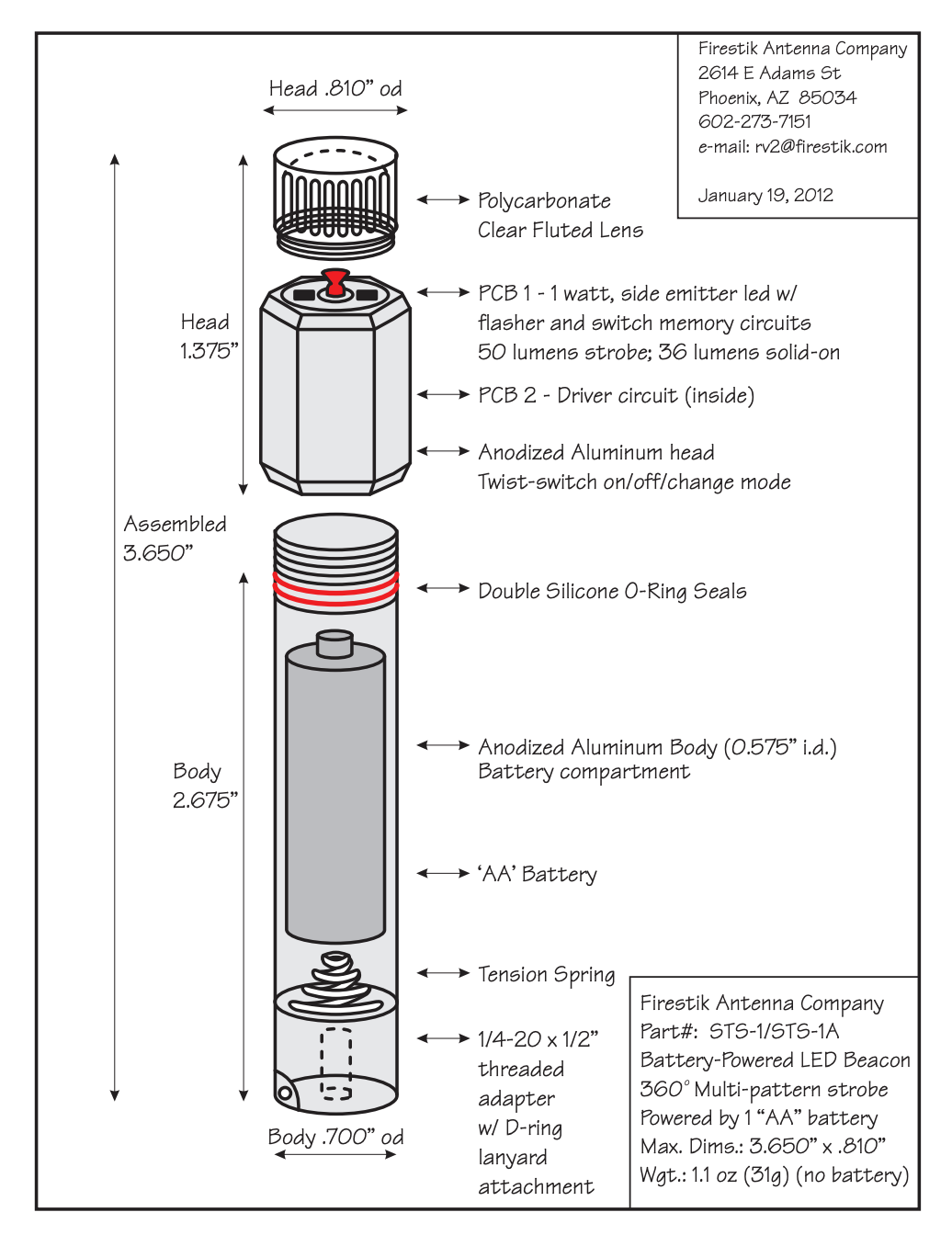 Tekening van Firestik Strobestik led lamp met alle onderdelen beschreven