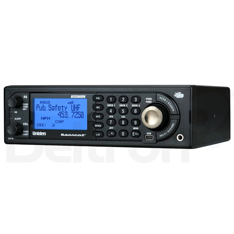 Uniden Bearcat UBCD-260DN mobiele scanner met bedieningsknoppen en blauw verlicht lcd-display