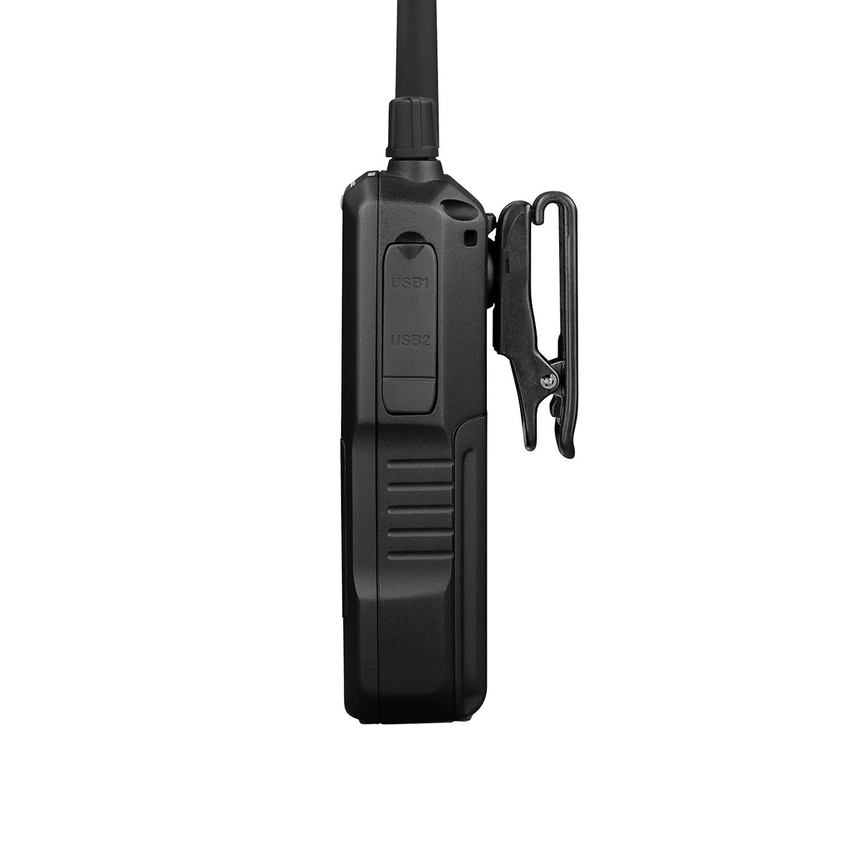 Uniden SDS100E scanner zijkant met riemclip aan de achterzijde