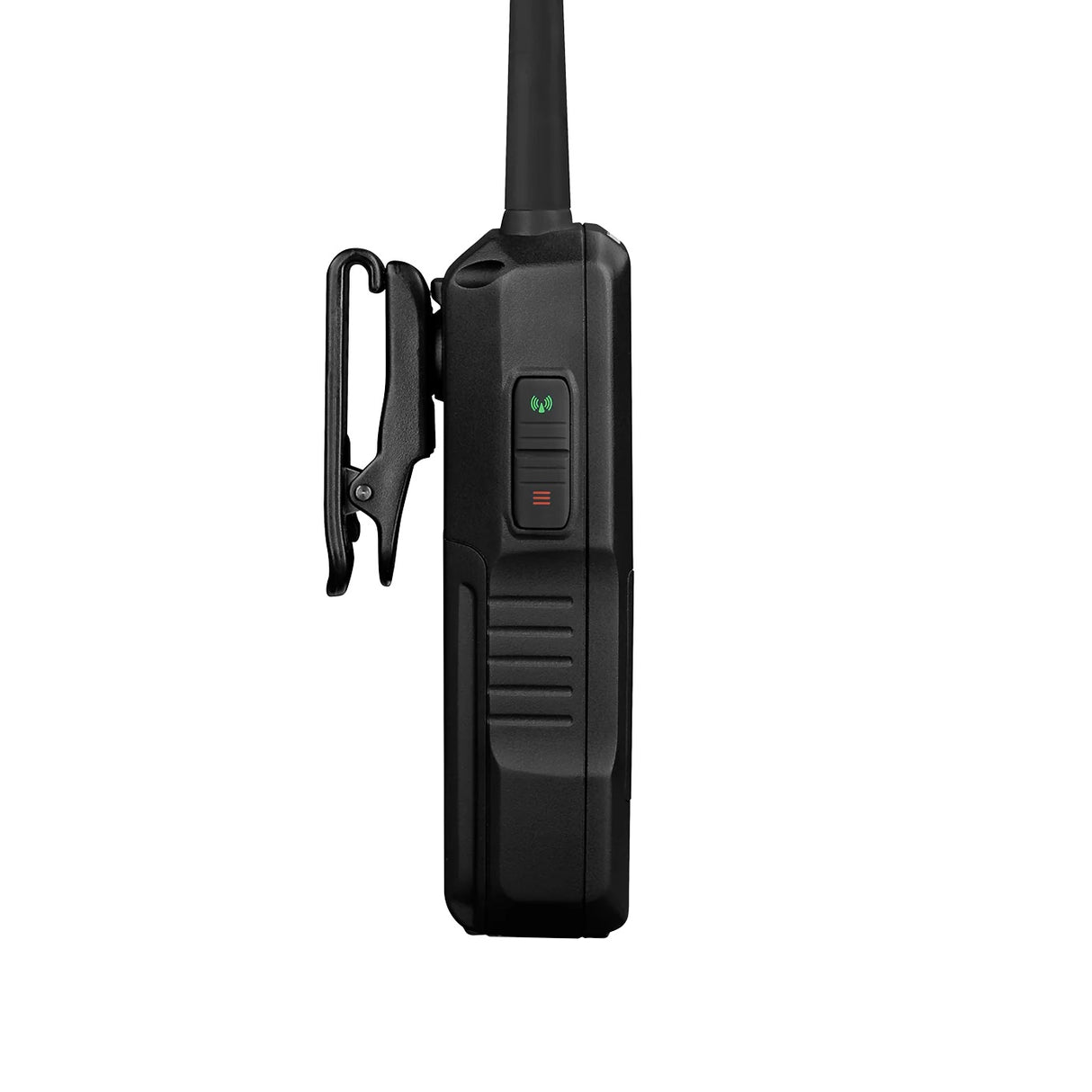 Zijkant Uniden SDS100E scanner met riemclip en bedieningsknoppen