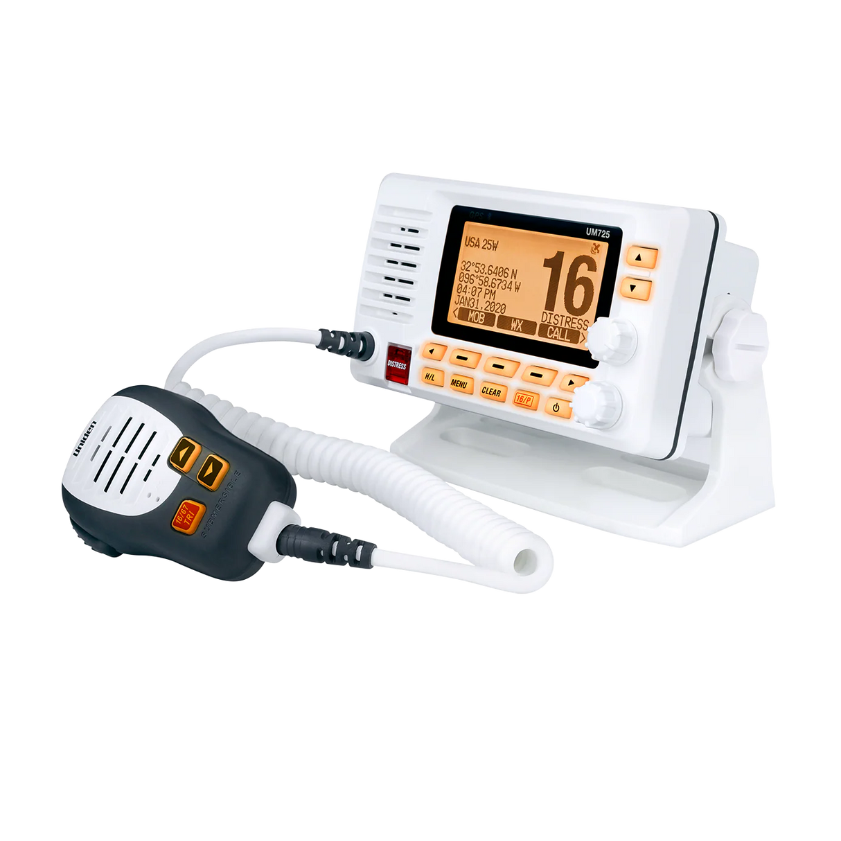 Witte marifoon Uniden UM725GBT met groot display en handige bedieningsknoppen