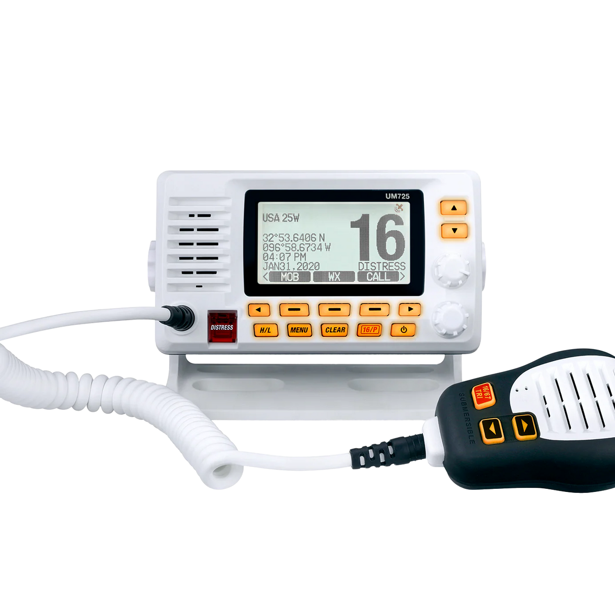 Voorzijde Uniden UM-725 GBT marifoon met Bluetooth waarmee je met smartphone privéberichten kunt versturen naar compatible marifoons