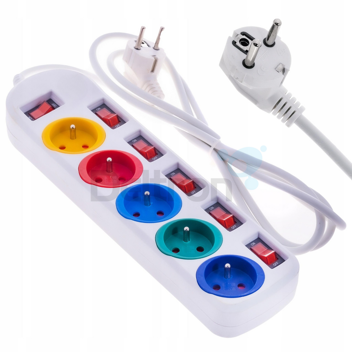 Verlengkabel van 1,5 meter met vijf delige stekkerdoos met elk hun eigen aan/uit schakelaar