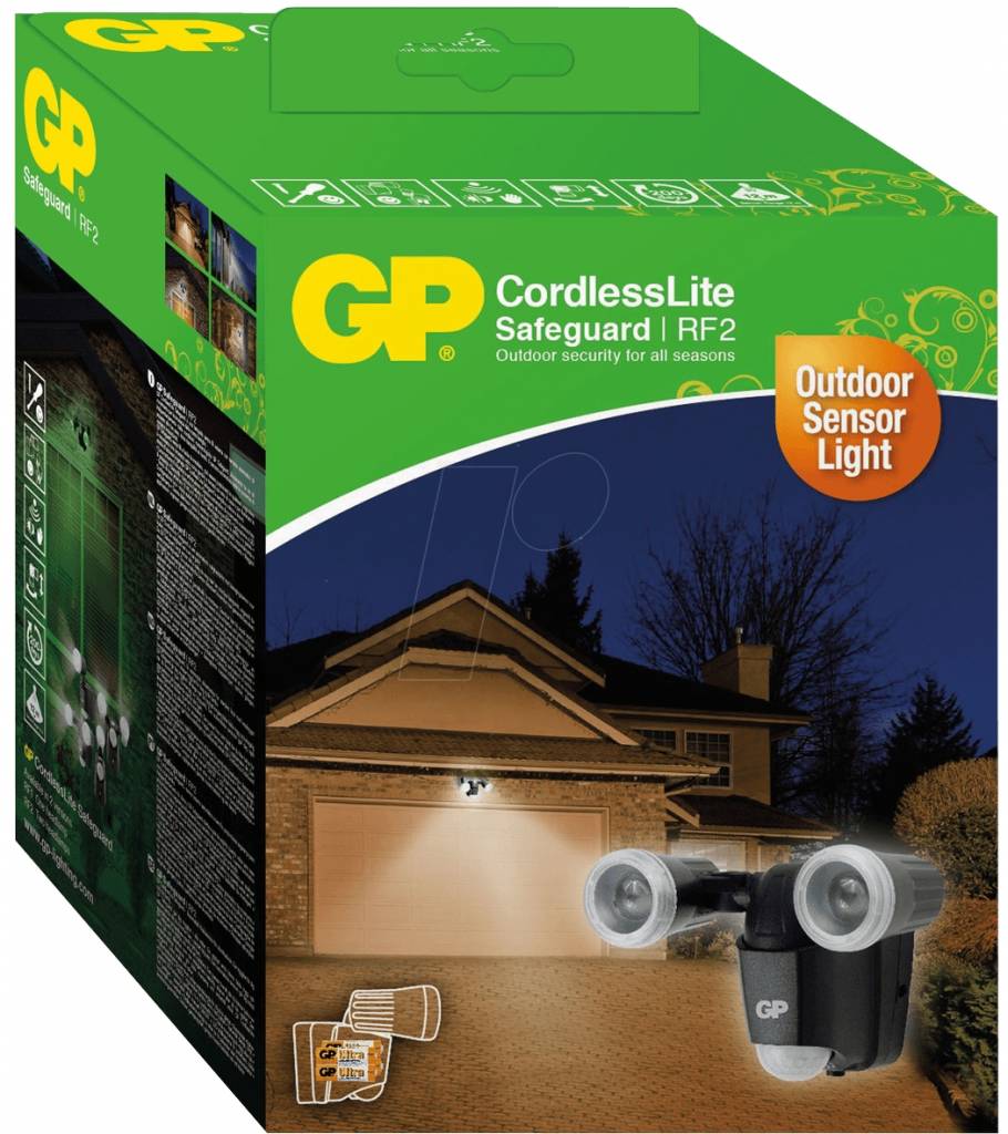 GP Safeguard RF2 draadloze LED buitenlamp met bewegingssensor in verpakking